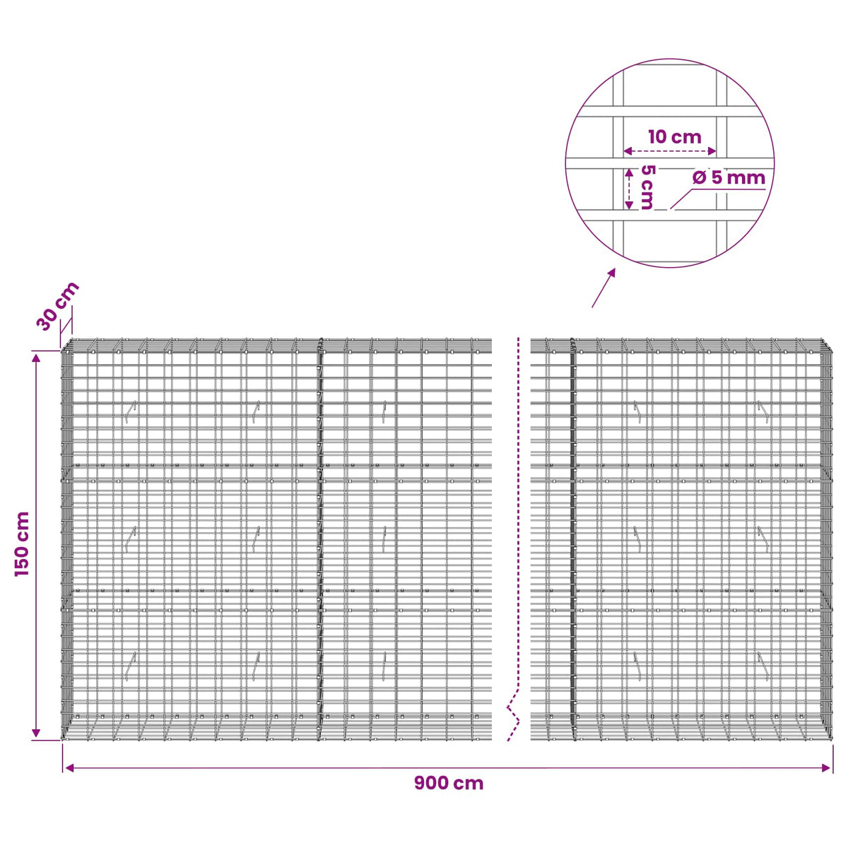 vidaXL Gabion z drutem 5 mm i siatką 5x10 cm 900x30x150 cm