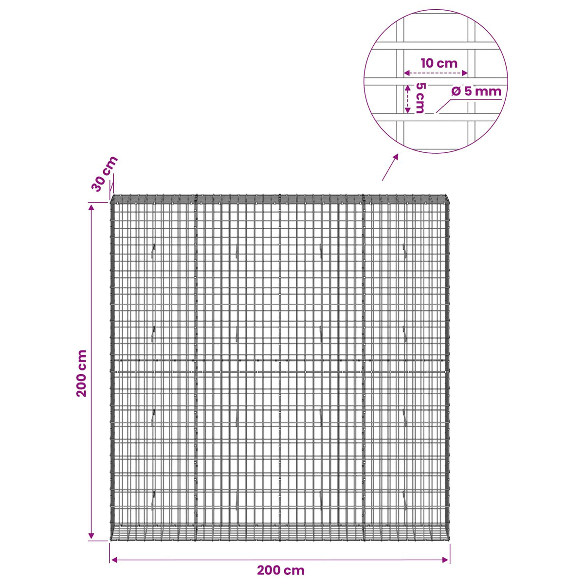 vidaXL Gabion z drutem 5 mm i siatką 5x10 cm 200x30x200 cm