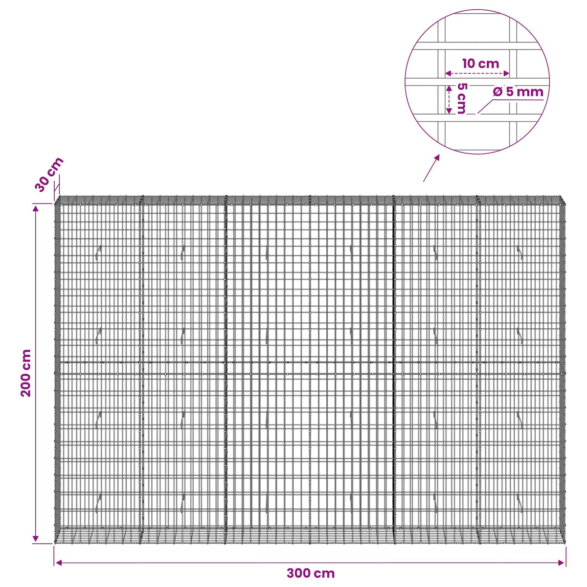 vidaXL Gabion z drutem 5 mm i siatką 5x10 cm 300x30x200 cm