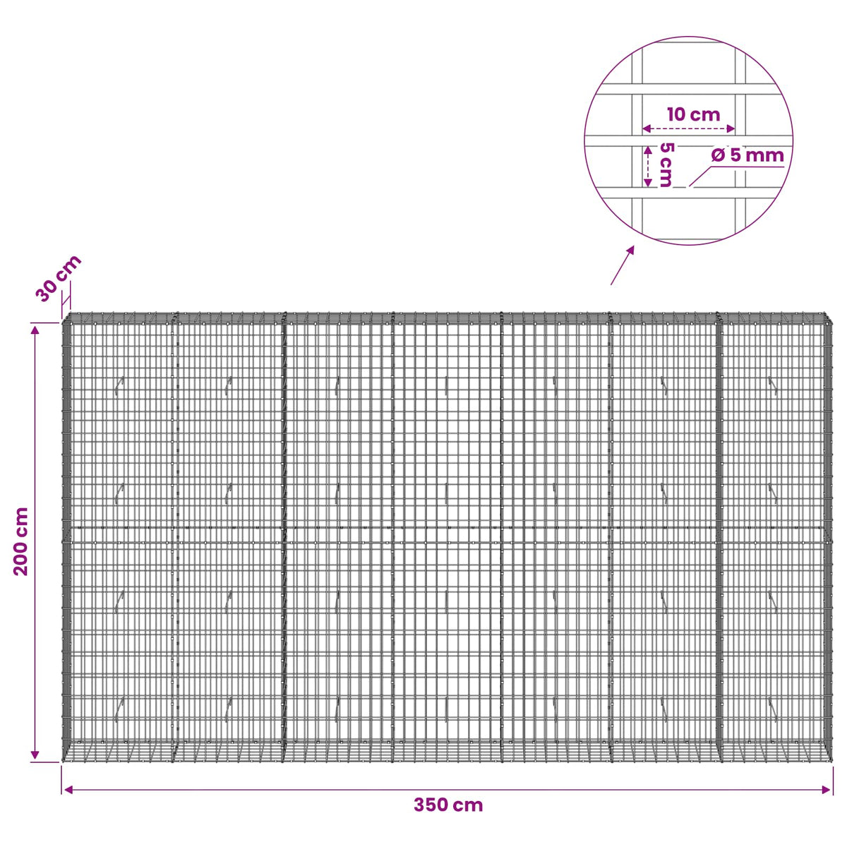 vidaXL Gabion z drutem 5 mm i siatką 5x10 cm 350x30x200 cm