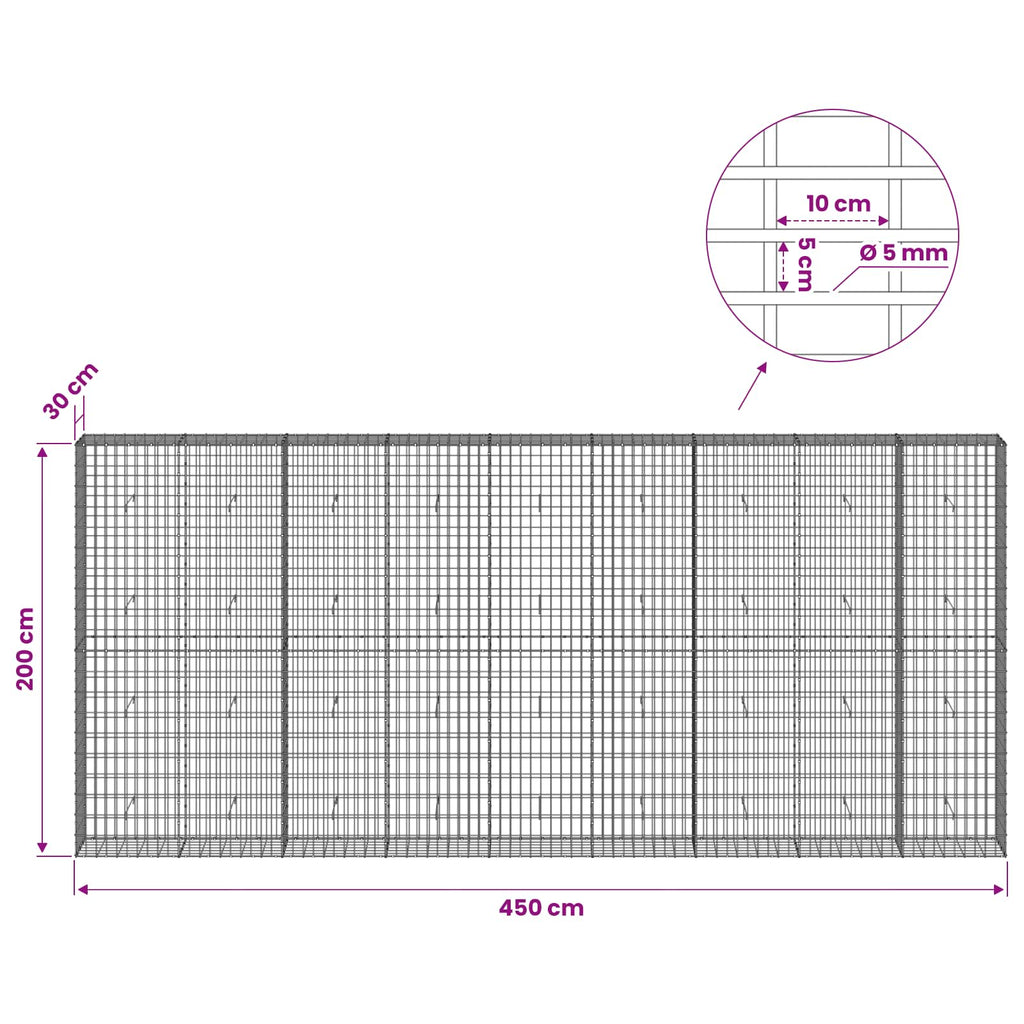 vidaXL Gabion z drutem 5 mm i siatką 5x10 cm 450x30x200 cm