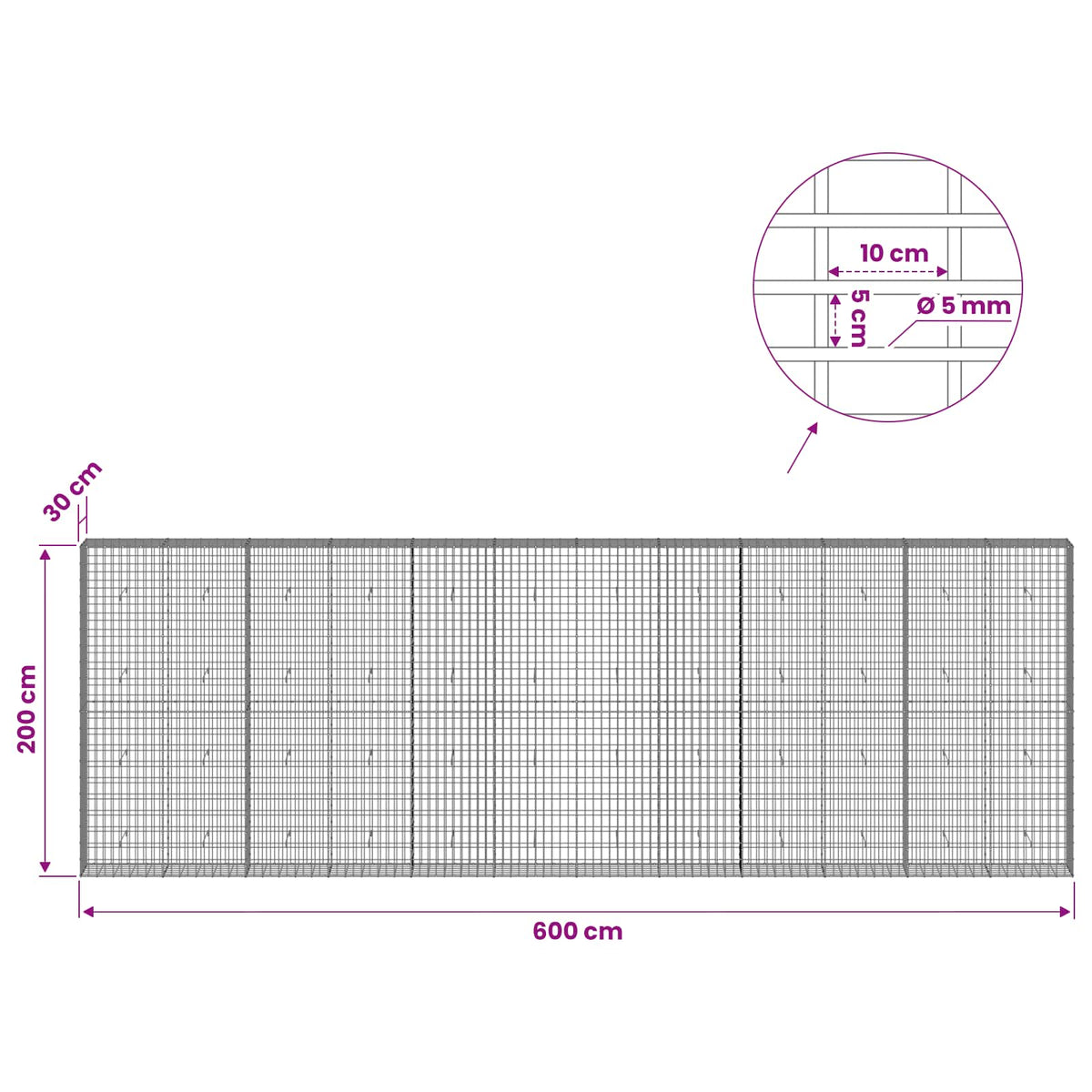 vidaXL Gabion z drutem 5 mm i siatką 5x10 cm 600x30x200 cm