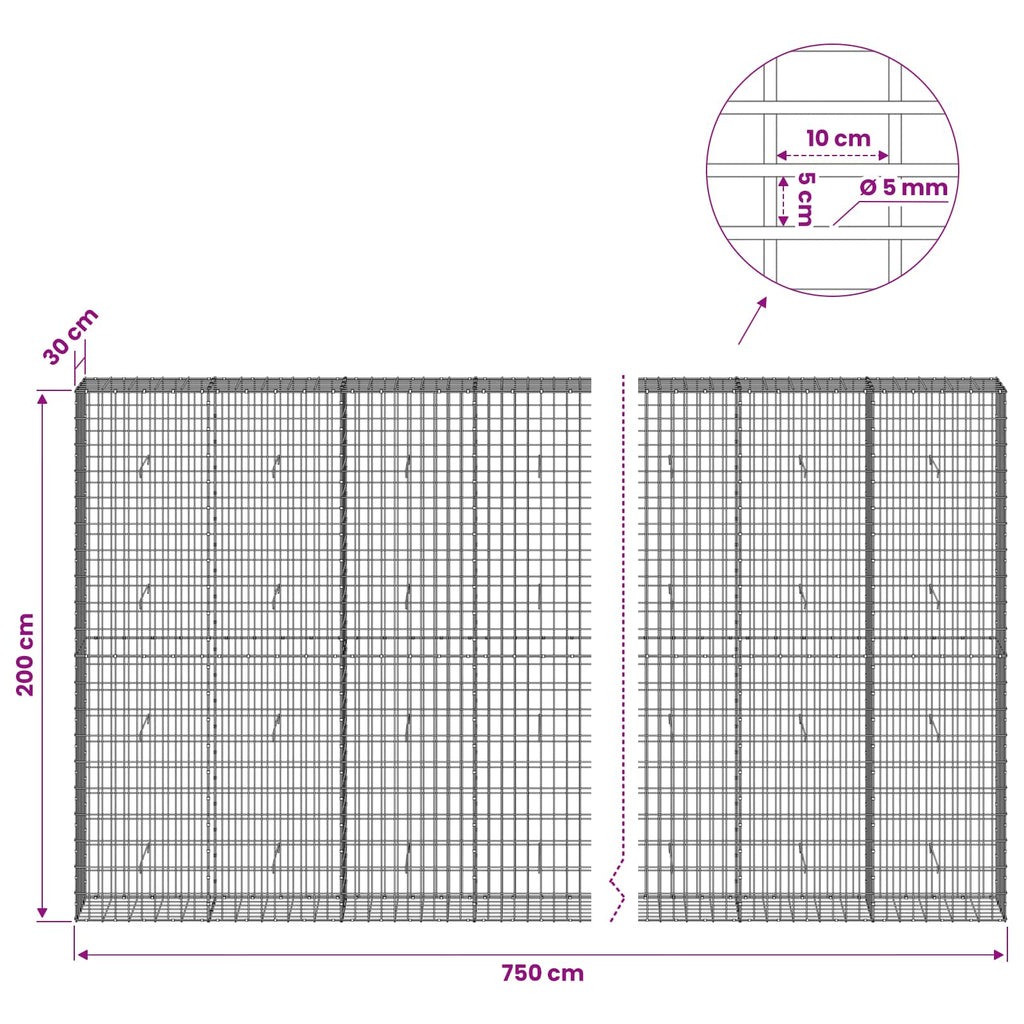 vidaXL Gabion z drutem 5 mm i siatką 5x10 cm 750x30x200 cm