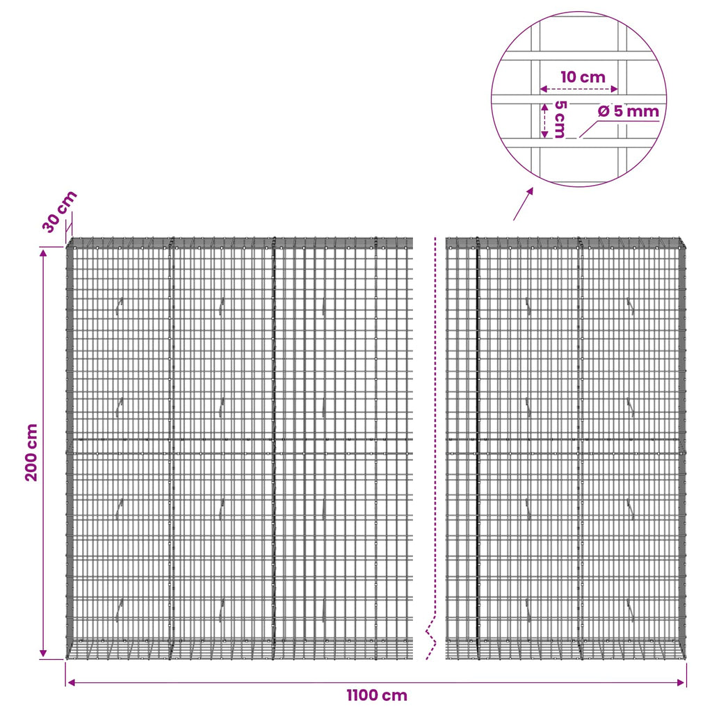 vidaXL Gabion z drutem 5 mm i siatką 5x10 cm 1100x30x200 cm