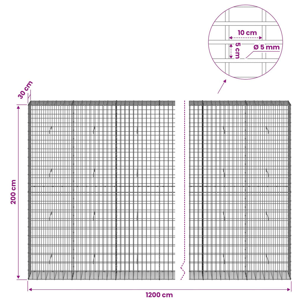 vidaXL Gabion z drutem 5 mm i siatką 5x10 cm 1200x30x200 cm