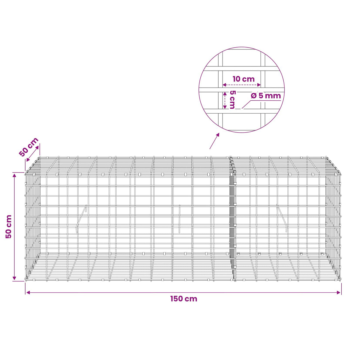 vidaXL Gabion z drutem 5 mm i siatką 5x10 cm 150x50x50 cm