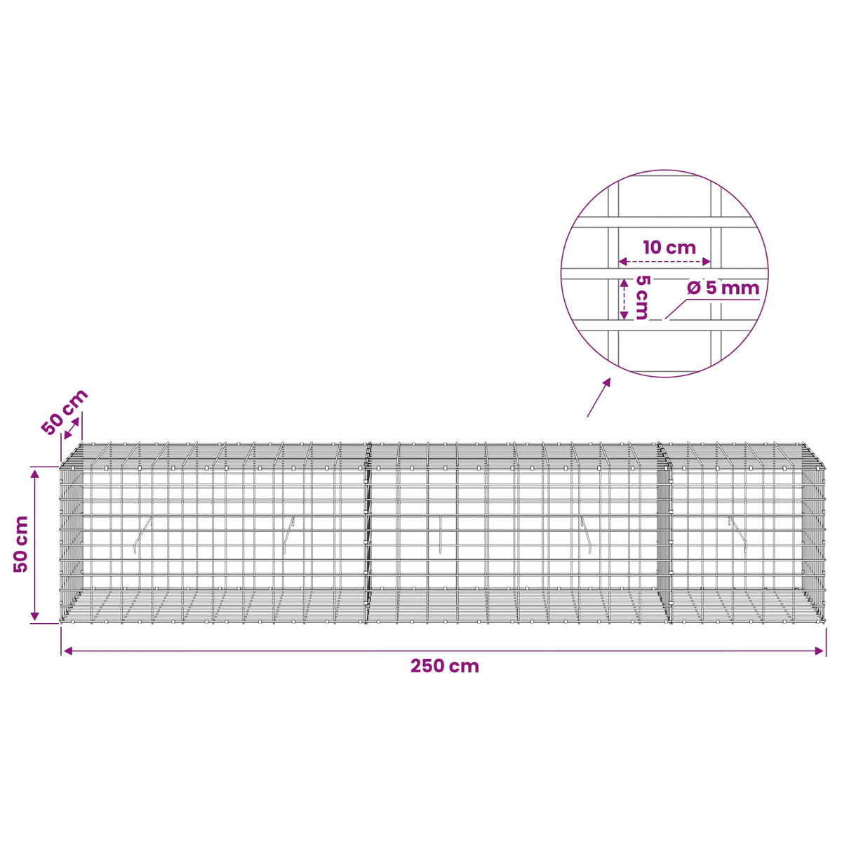 vidaXL Gabion z drutem 5 mm i siatką 5x10 cm 250x50x50 cm