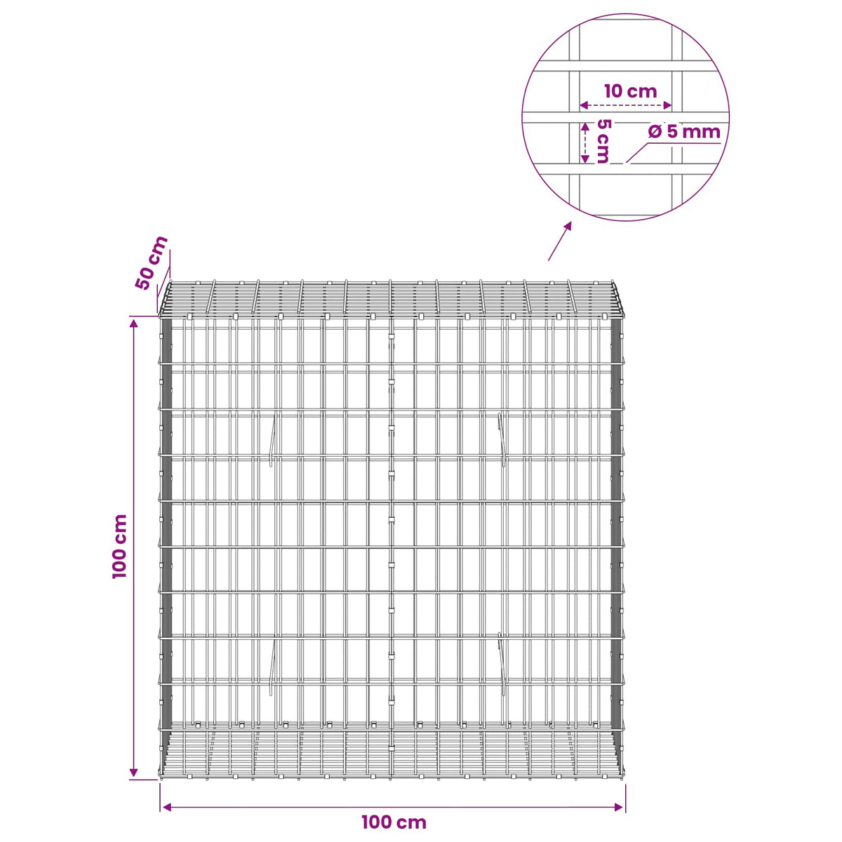 vidaXL Gabion z drutem 5 mm i siatką 5x10 cm 100x50x100 cm