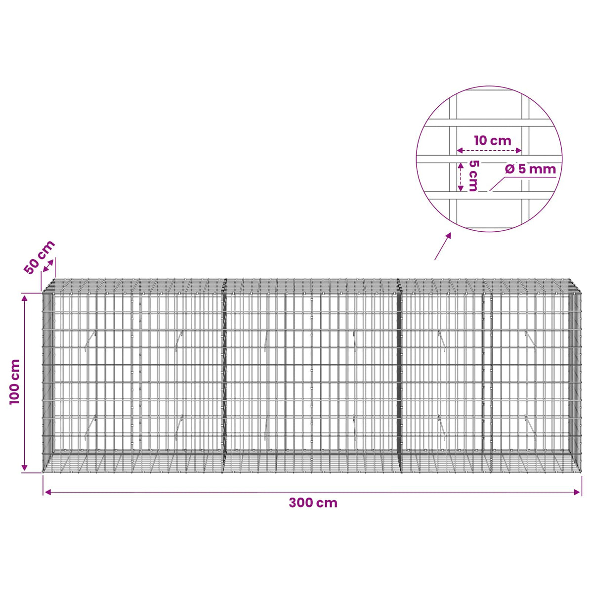 vidaXL Gabion z drutem 5 mm i siatką 5x10 cm 300x50x100 cm