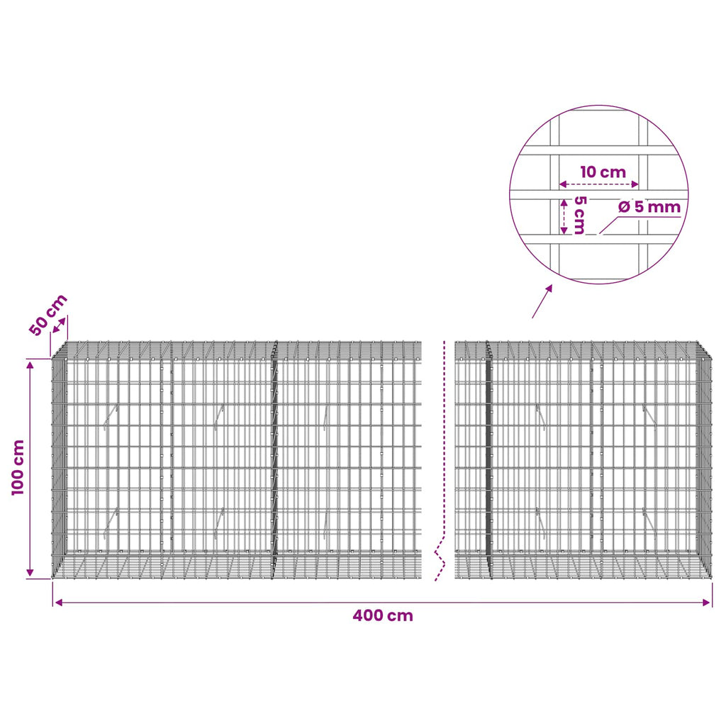 vidaXL Gabion z drutem 5 mm i siatką 5x10 cm 400x50x100 cm
