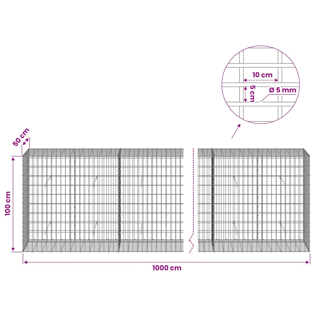 vidaXL Gabion z drutem 5 mm i siatką 5x10 cm 1000x50x100 cm