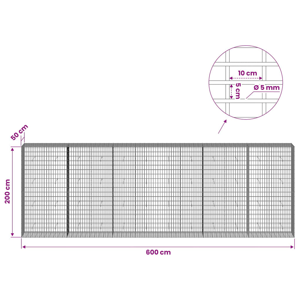 vidaXL Gabion z drutem 5 mm i siatką 5x10 cm 600x50x200 cm