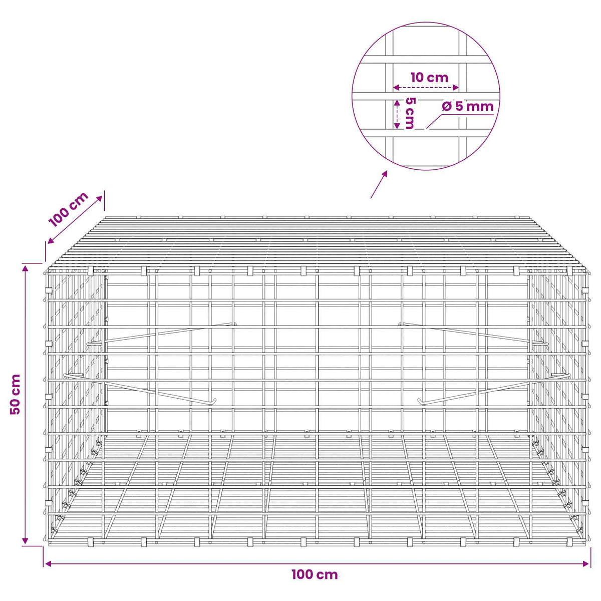 vidaXL Gabion z drutu 5 mm i siatką 5x10 cm 100x100x50 cm
