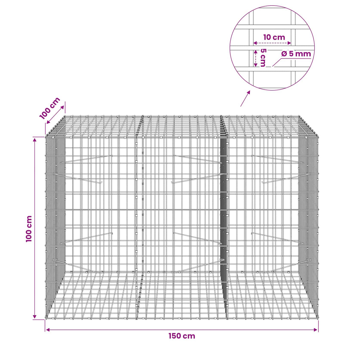 vidaXL Gabion z drutu 5 mm i siatką 5x10 cm 150x100x100 cm
