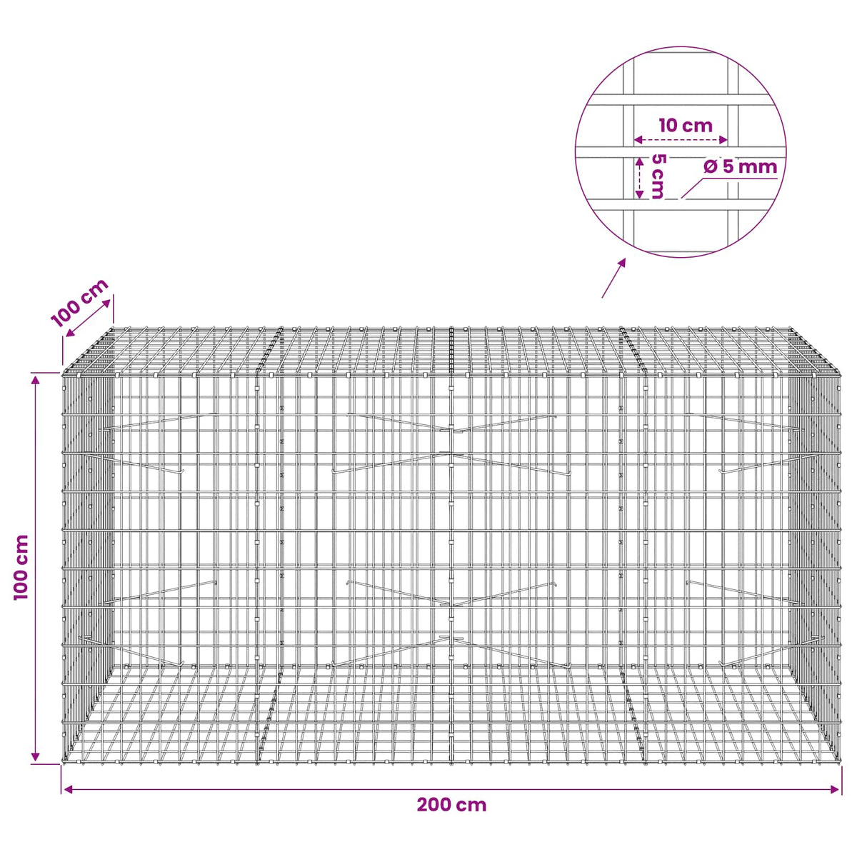 vidaXL Gabion z drutem 5 mm i siatką 5x10 cm 200x100x100 cm