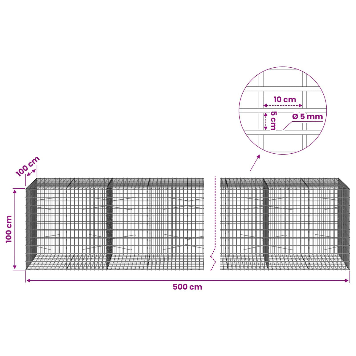 vidaXL Gabion z drutem 5 mm i siatką 5x10 cm 500x100x100 cm