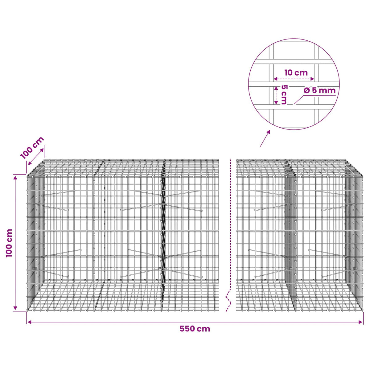 vidaXL Gabion z drutem 5 mm i siatką 5x10 cm 550x100x100 cm