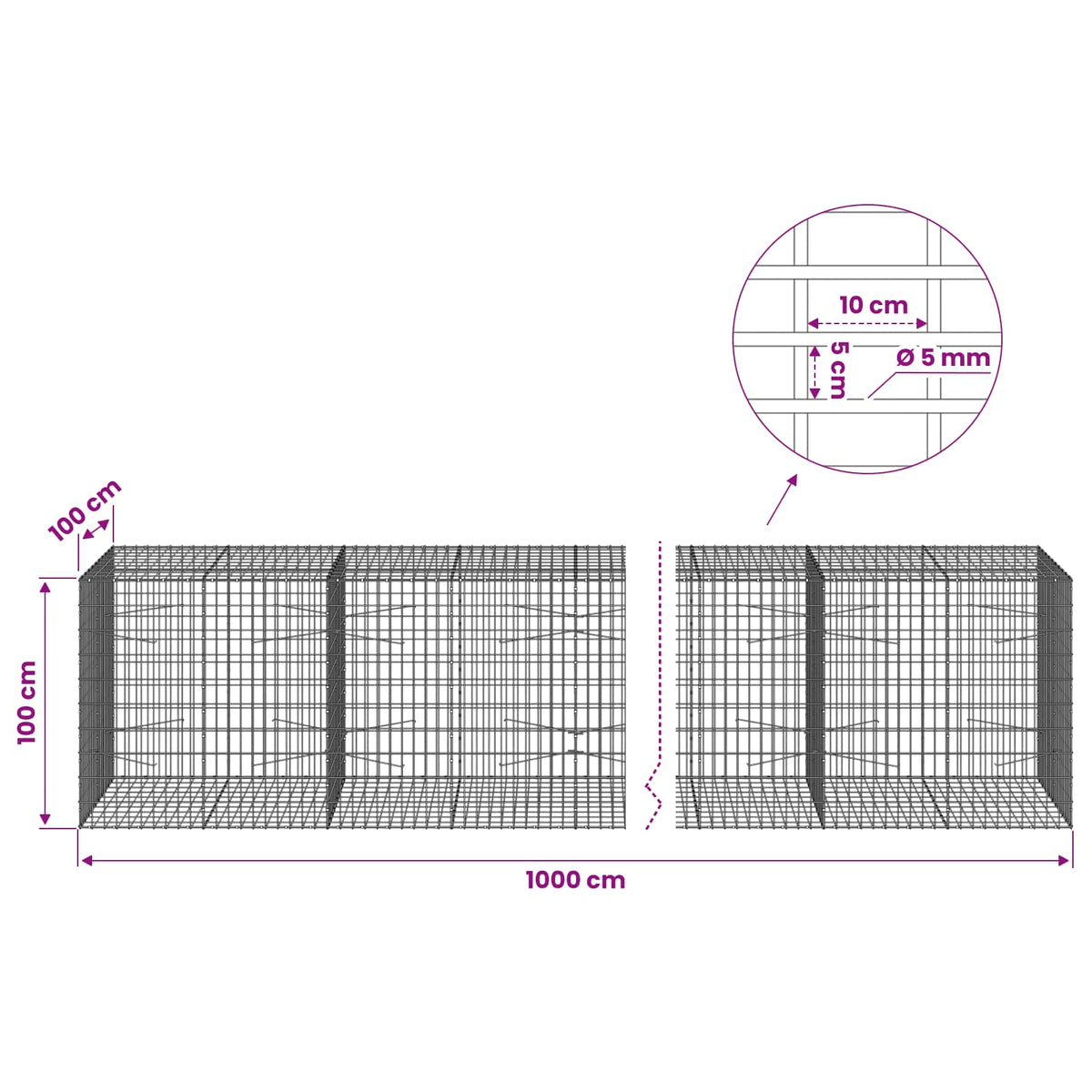 vidaXL Gabion z drutem 5 mm i siatką 5x10 cm 1000x100x100 cm
