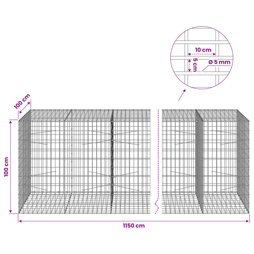 vidaXL Gabion z drutem 5 mm i siatką 5x10 cm 1150x100x100 cm