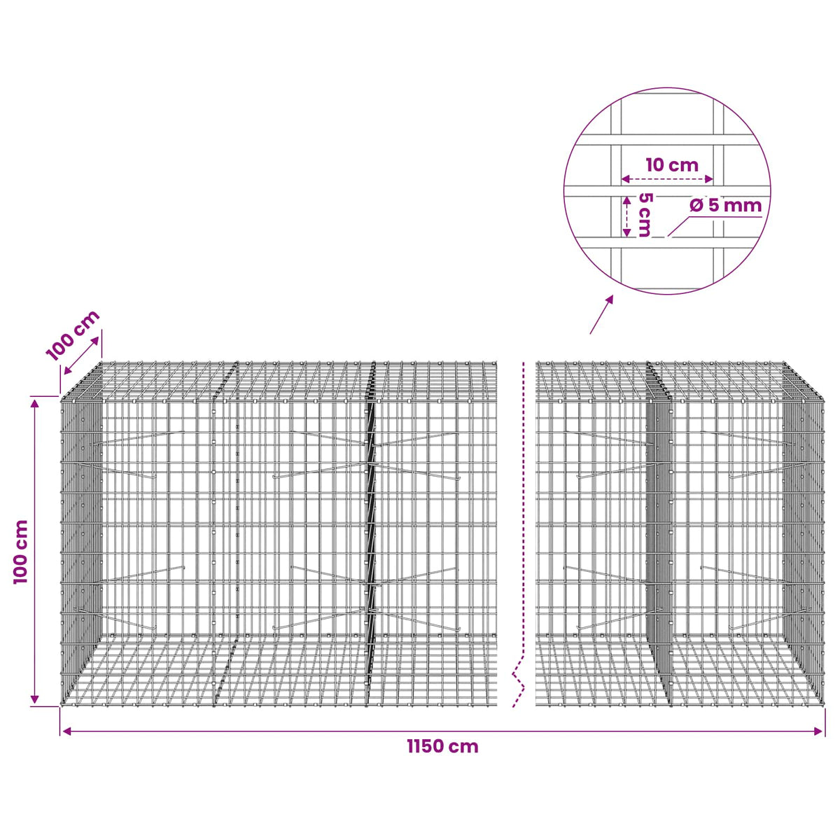 vidaXL Gabion z drutem 5 mm i siatką 5x10 cm 1150x100x100 cm