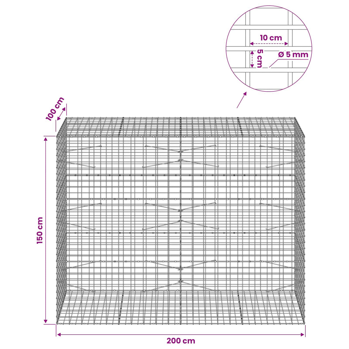 vidaXL Gabion z drutu 5 mm i siatką 5x10 cm 200x100x150 cm