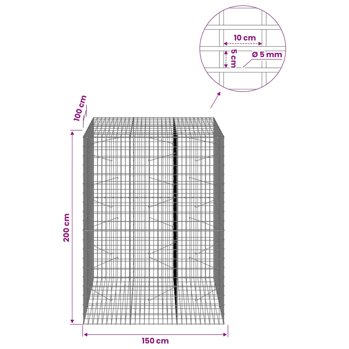 vidaXL Gabion z drutu 5 mm i siatką 5x10 cm 150x100x200 cm