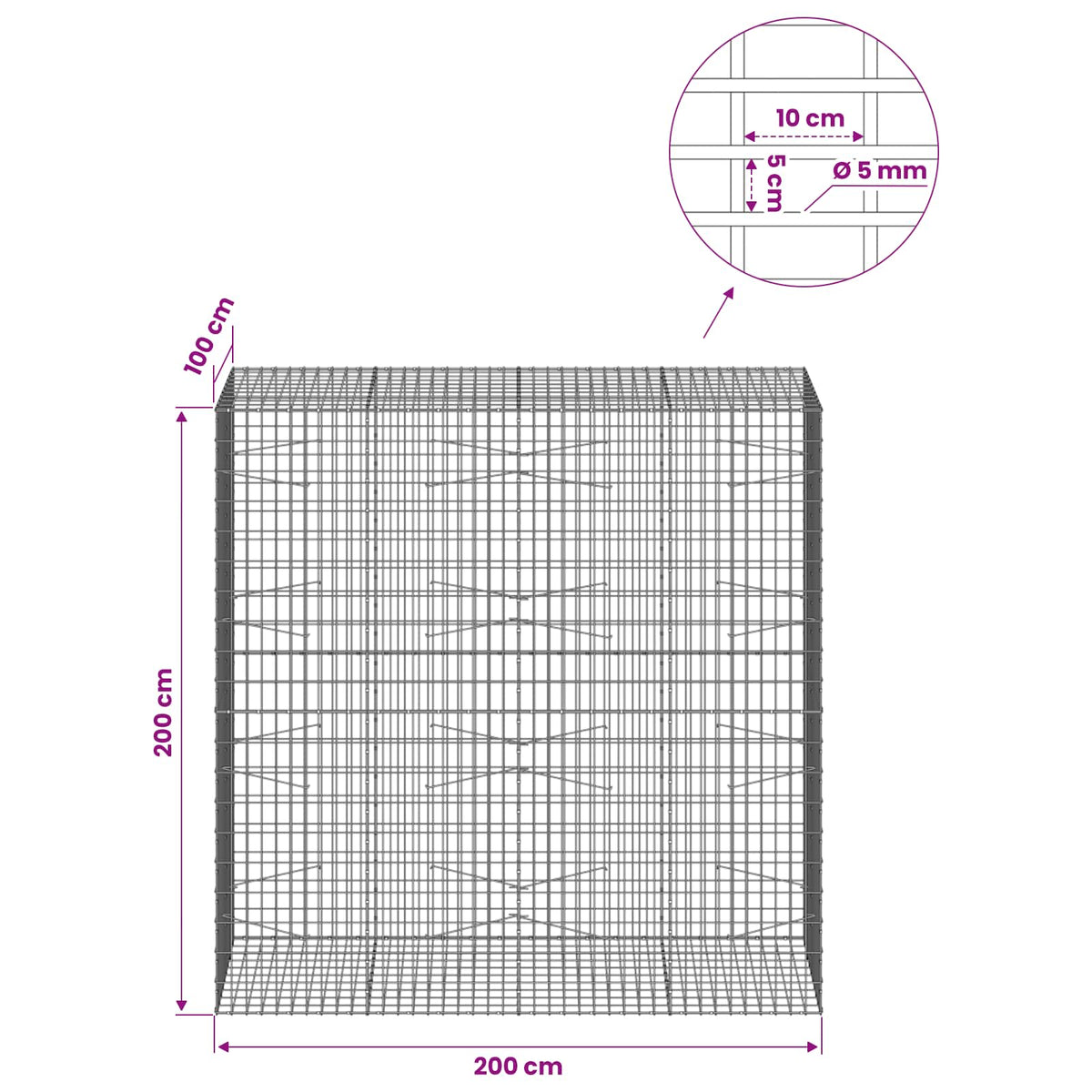 vidaXL Gabion z drutu 5 mm i siatką 5x10 cm 200x100x200 cm