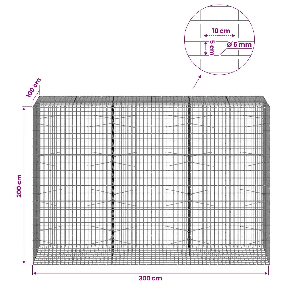 vidaXL Gabion z drutu 5 mm i siatką 5x10 cm 300x100x200 cm