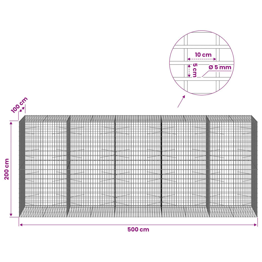 vidaXL Gabion z drutem 5 mm i siatką 5x10 cm 500x100x200 cm