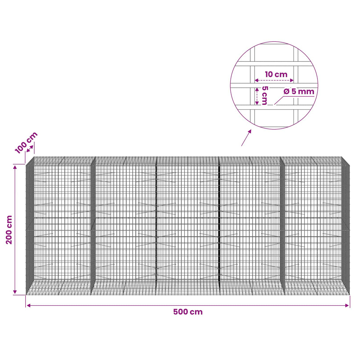 vidaXL Gabion z drutem 5 mm i siatką 5x10 cm 500x100x200 cm