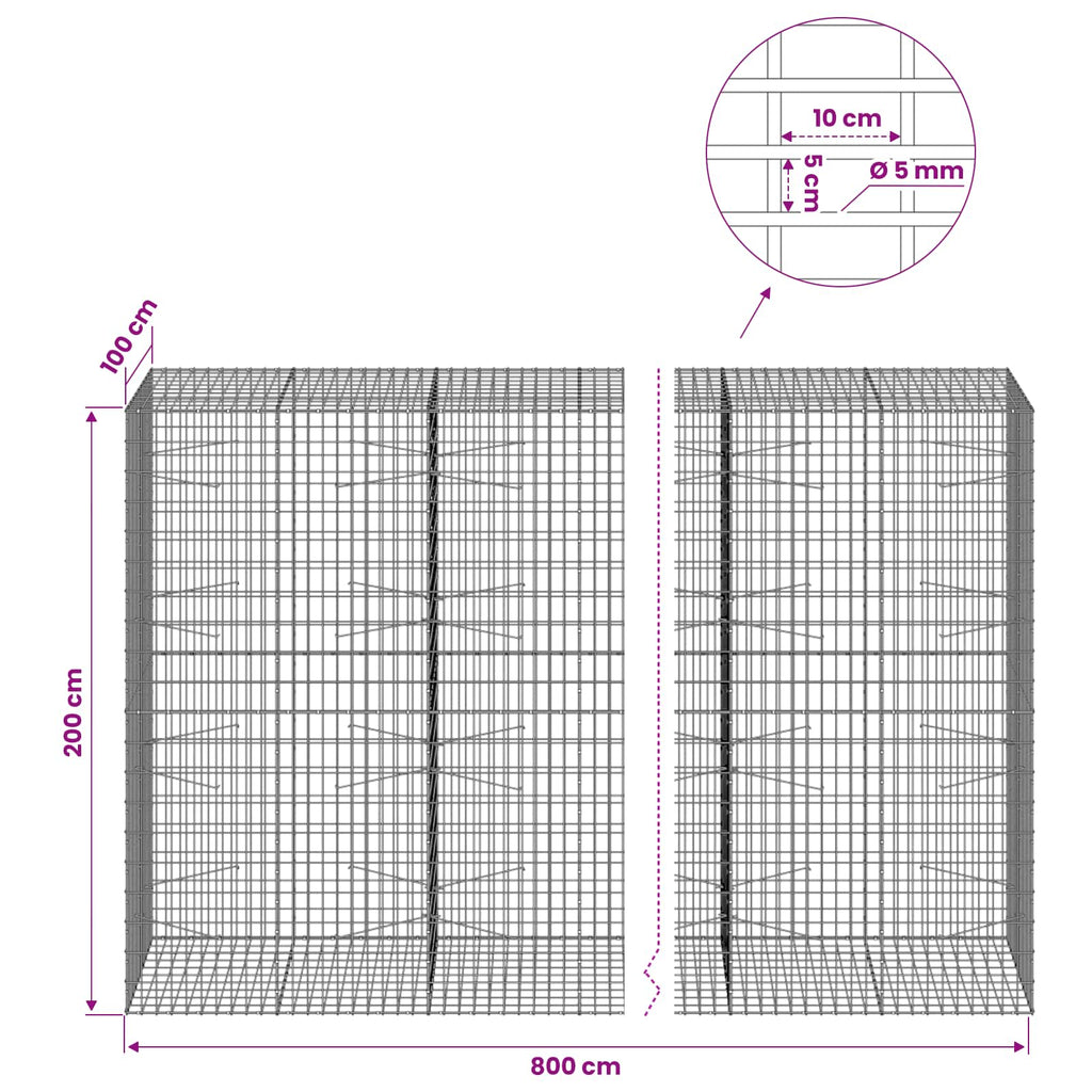 vidaXL Gabion z drutem 5 mm i siatką 5x10 cm 800x100x200 cm