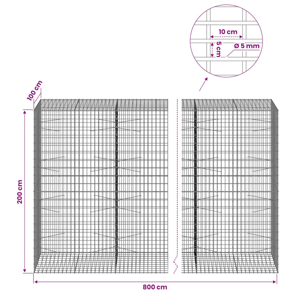 vidaXL Gabion z drutem 5 mm i siatką 5x10 cm 800x100x200 cm