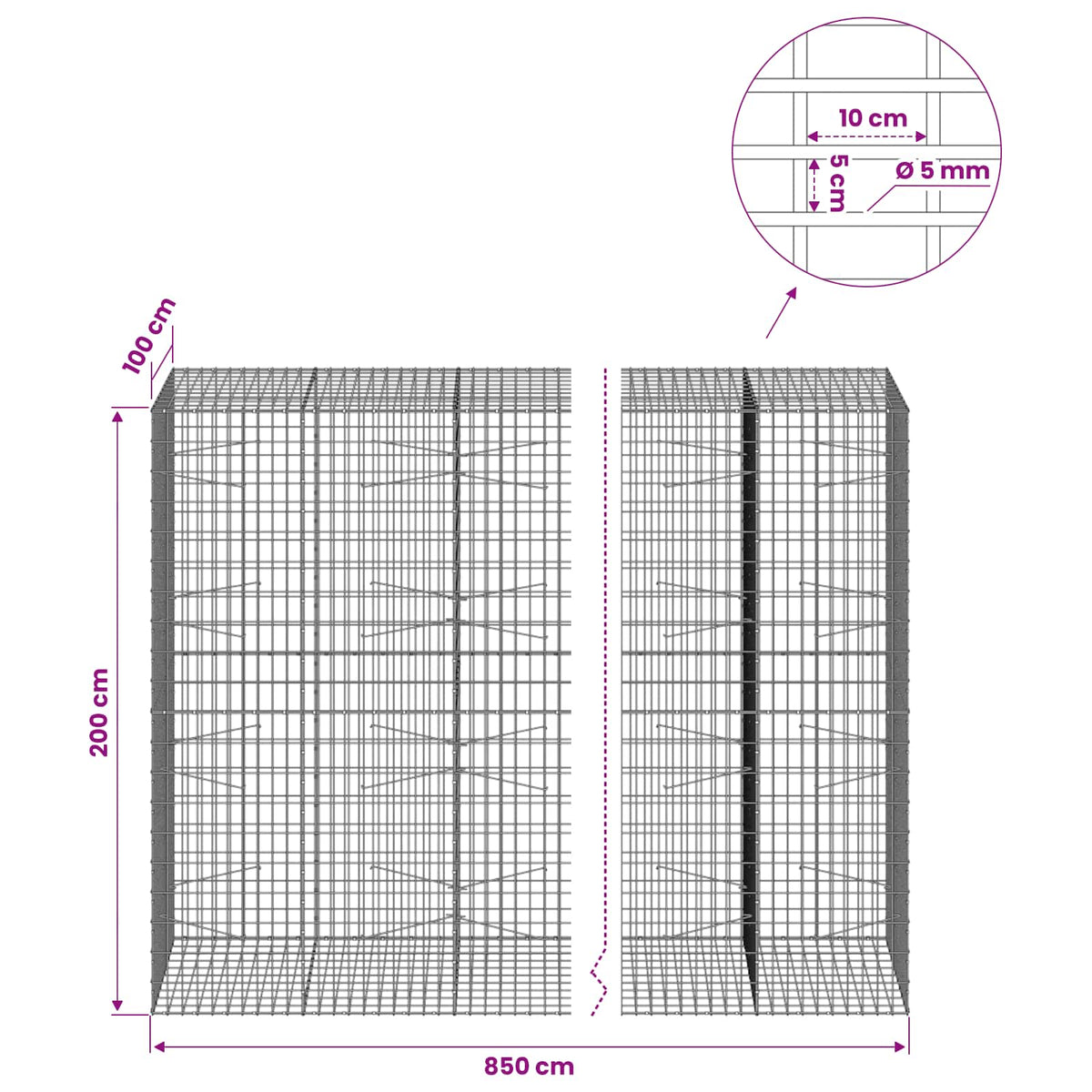 vidaXL Gabion z drutem 5 mm i siatką 5x10 cm 850x100x200 cm