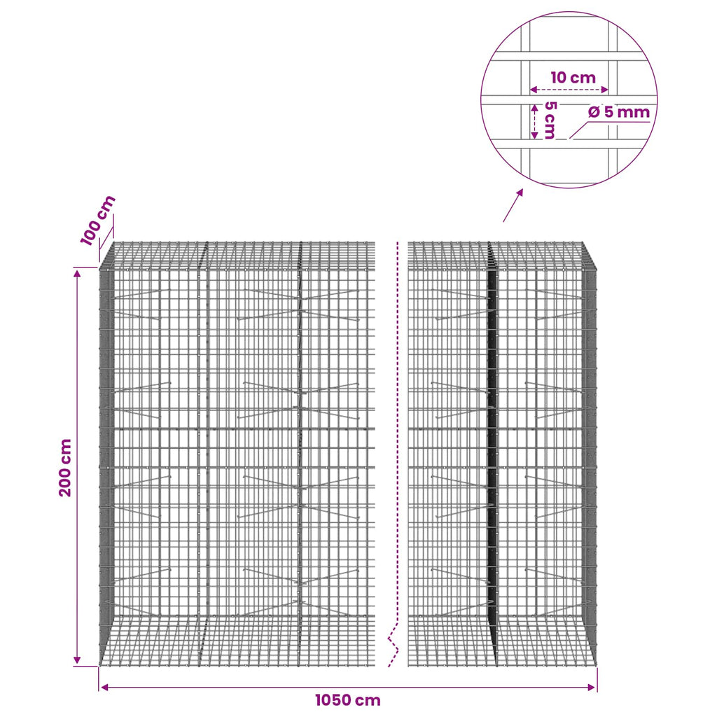 vidaXL Gabion z drutem 5 mm i siatką 5x10 cm 1050x100x200 cm