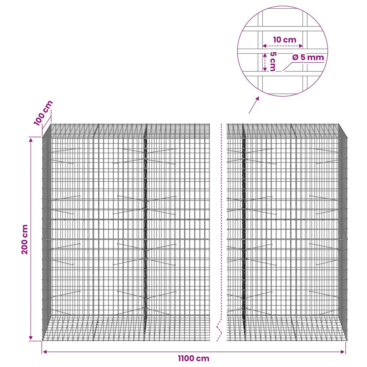vidaXL Gabion z drutem 5 mm i siatką 5x10 cm 1100x100x200 cm