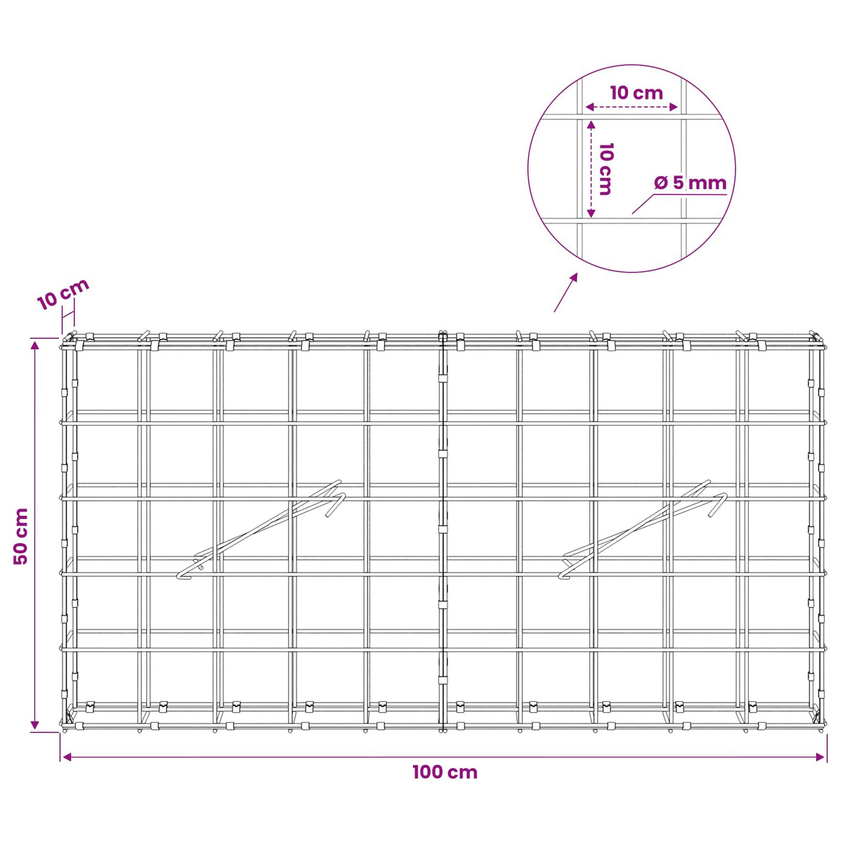 vidaXL Gabion z drutem 5 mm i siatką 10x10 cm 100x10x50 cm