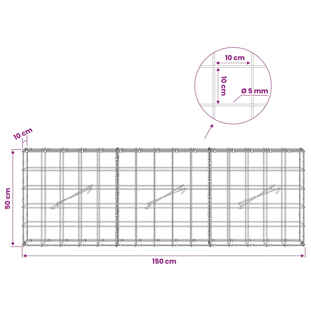 vidaXL Gabion z drutem 5 mm i siatką 10x10 cm 150x10x50 cm