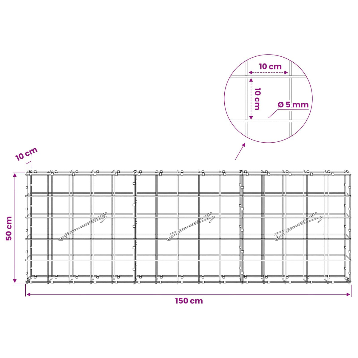 vidaXL Gabion z drutem 5 mm i siatką 10x10 cm 150x10x50 cm