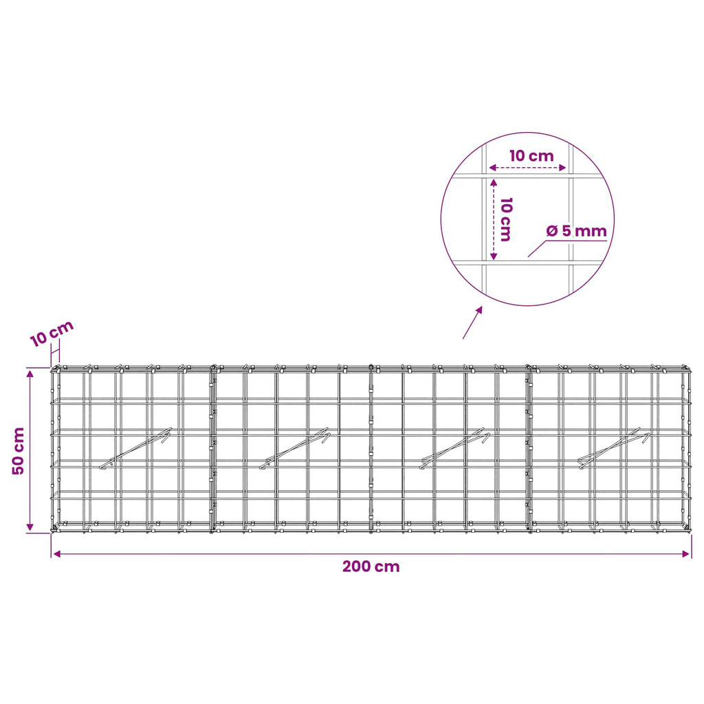 vidaXL Gabion z drutem 5 mm i siatką 10x10 cm 200x10x50 cm