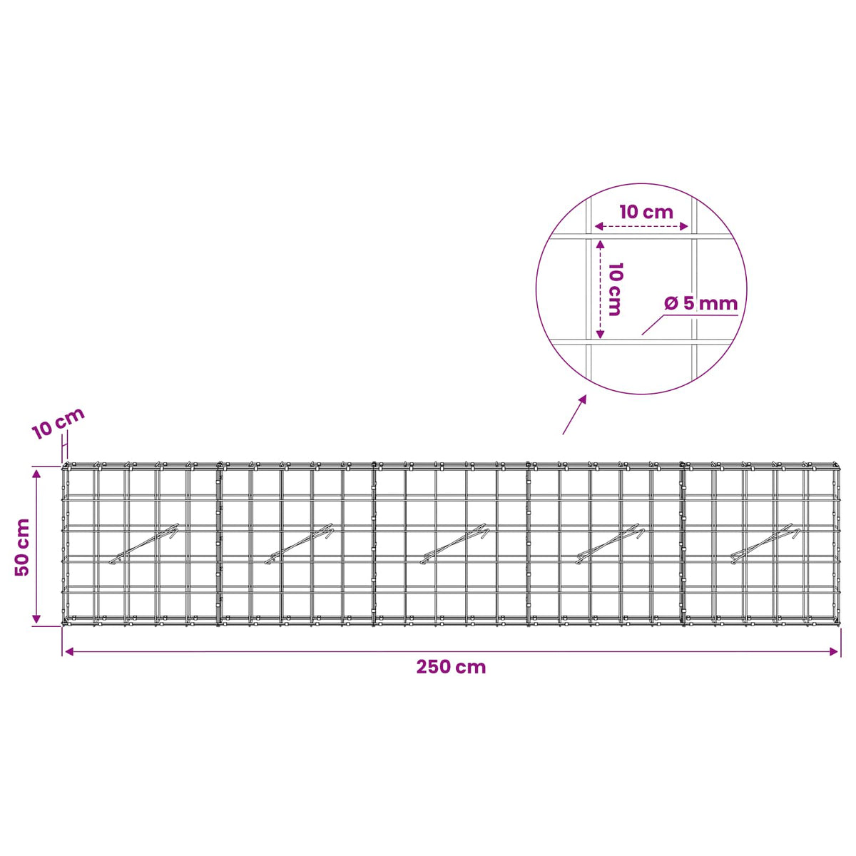 vidaXL Gabion z drutem 5 mm i siatką 10x10 cm 250x10x50 cm