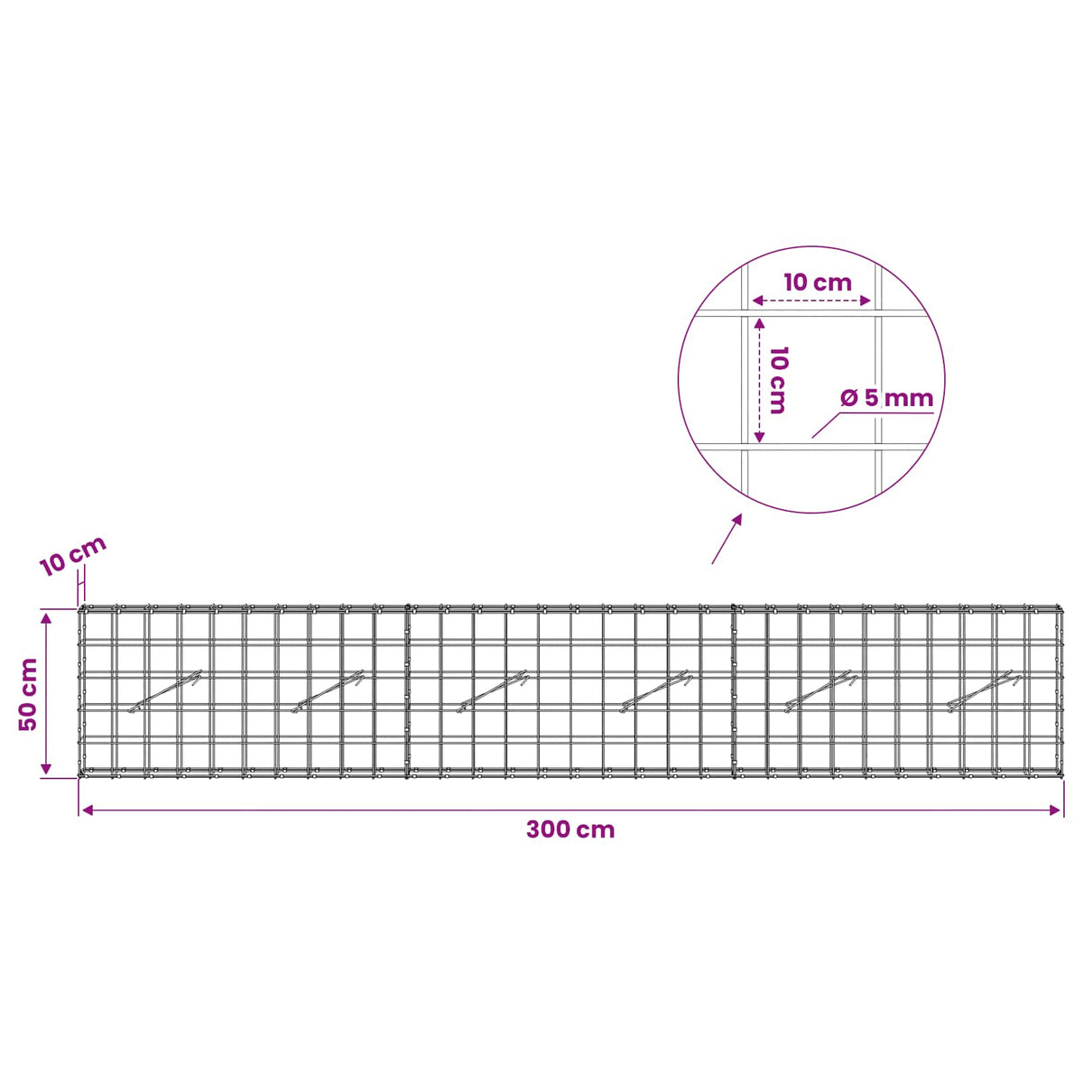 vidaXL Gabion z drutem 5 mm i siatką 10x10 cm 300x10x50 cm