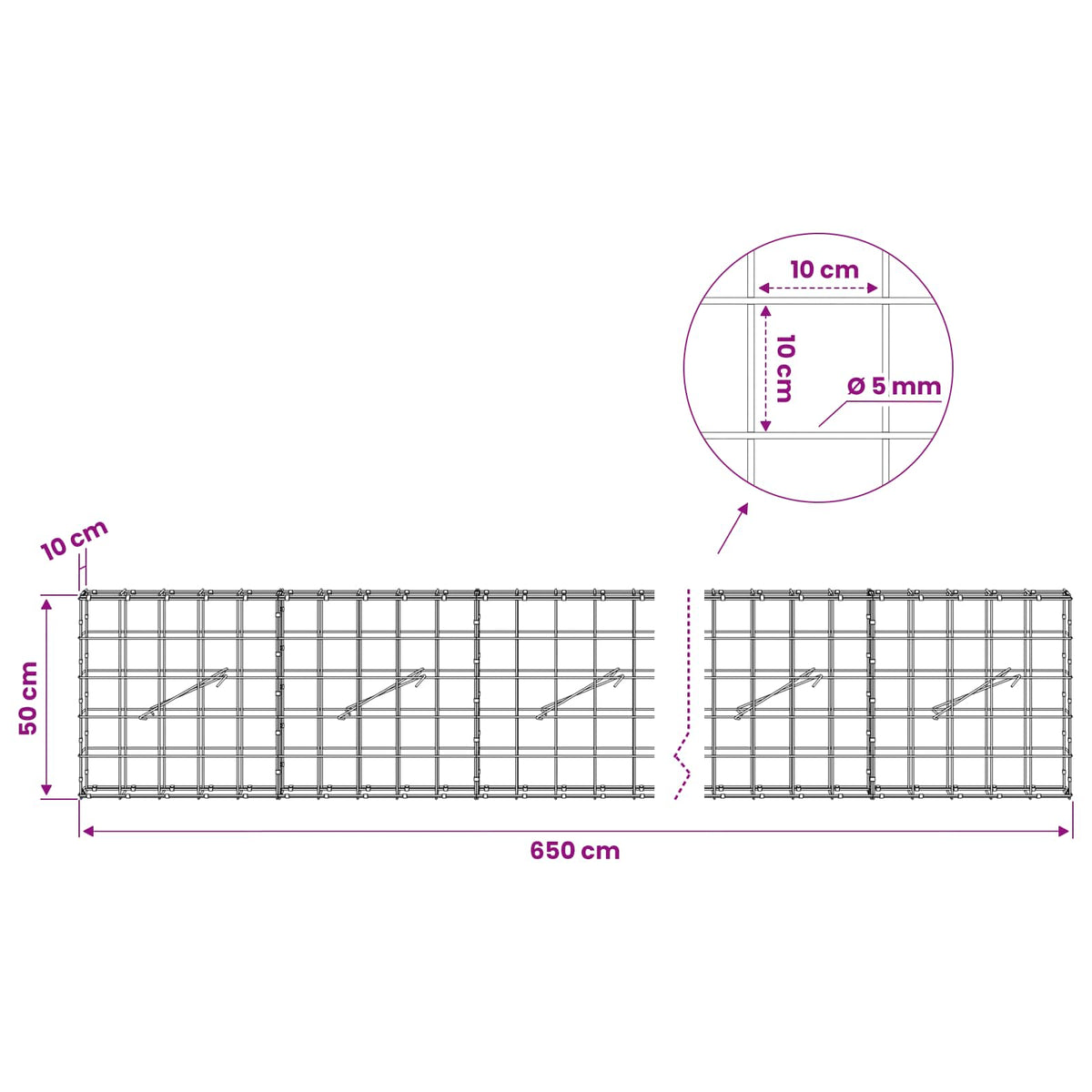 vidaXL Gabion z drutem 5 mm i siatką 10x10 cm 650x10x50 cm