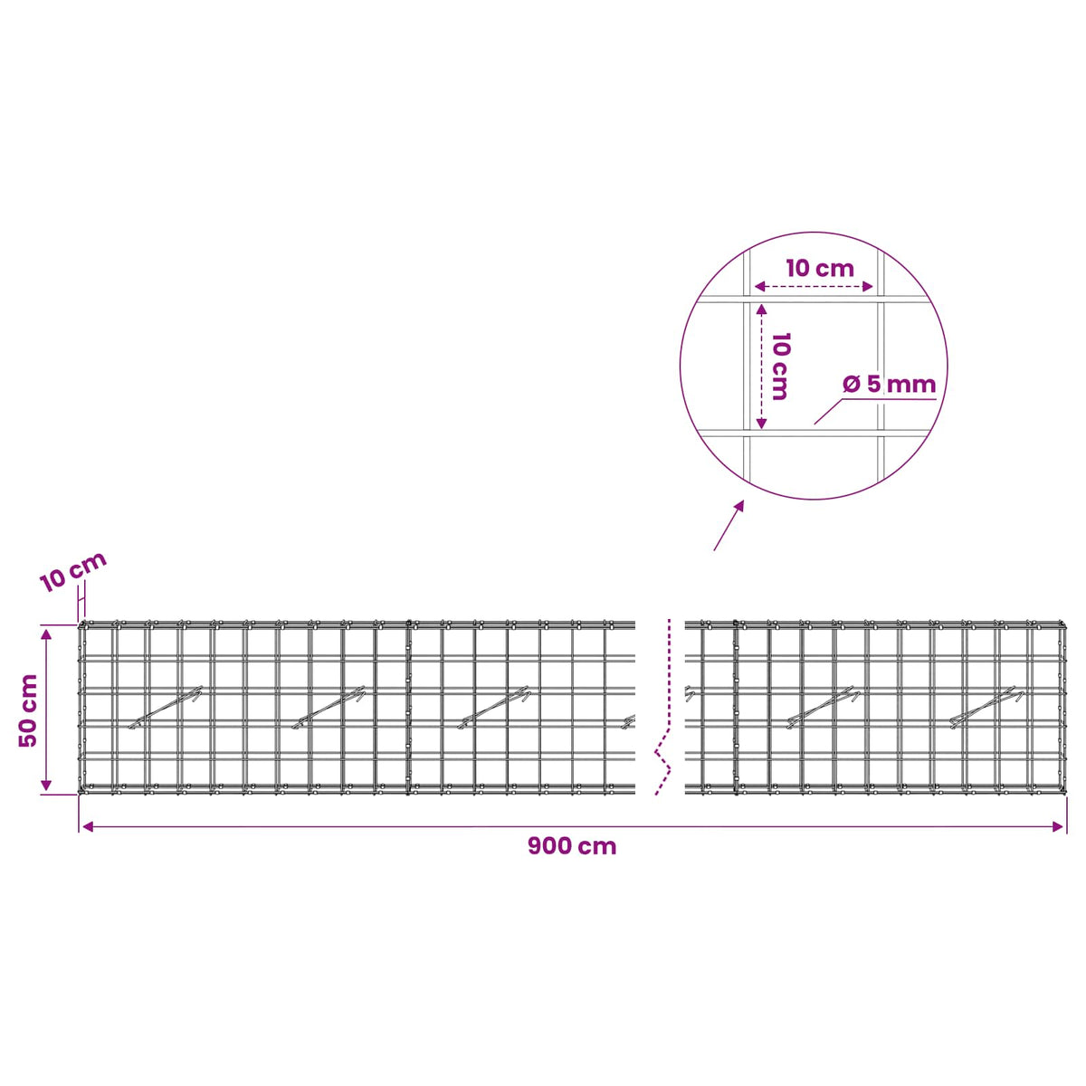 vidaXL Gabion z drutem 5 mm i siatką 10x10 cm 900x10x50 cm