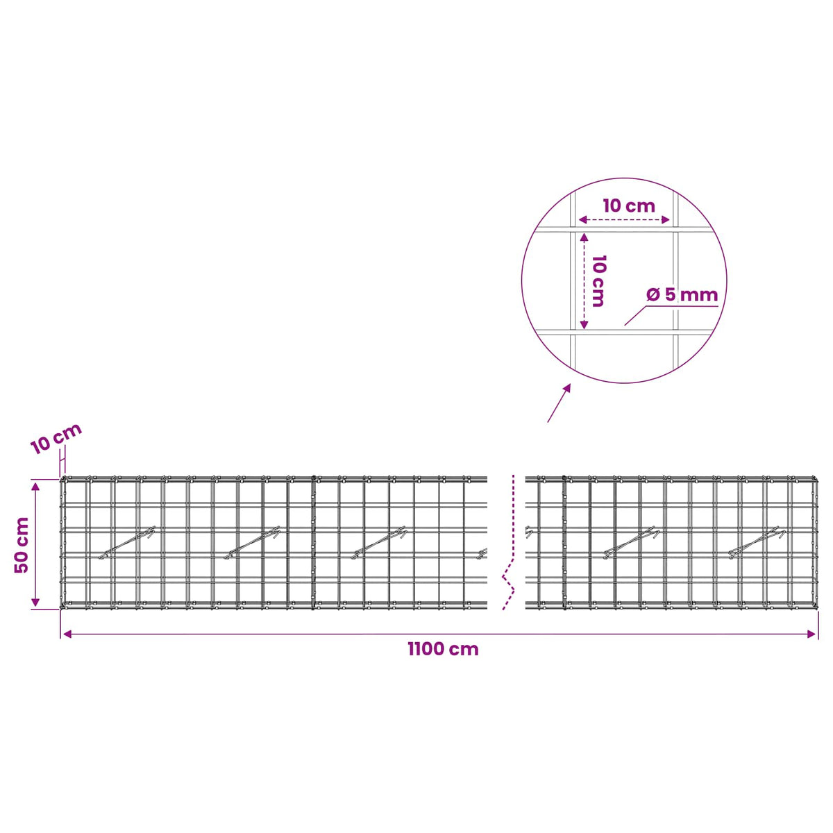 vidaXL Gabion z drutem 5 mm i siatką 10x10 cm 1100x10x50 cm