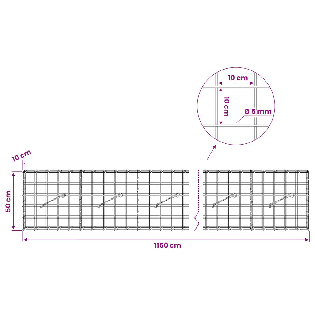 vidaXL Gabion z drutem 5 mm i siatką 10x10 cm 1150x10x50 cm