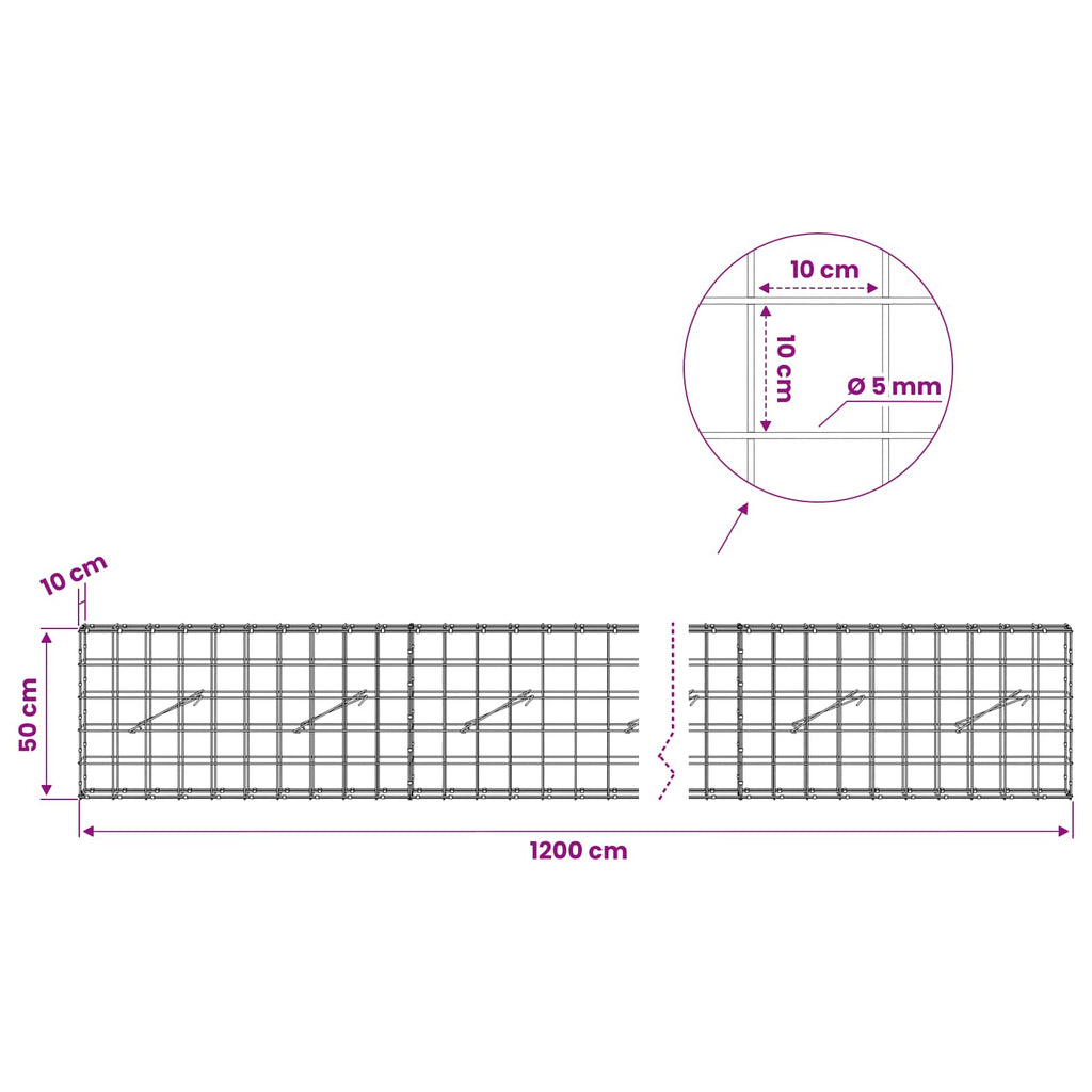vidaXL Gabion z drutem 5 mm i siatką 10x10 cm 1200x10x50 cm