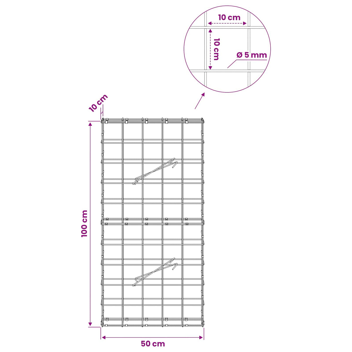 vidaXL Gabion z drutem 5 mm i siatką 10x10 cm 50x10x100 cm