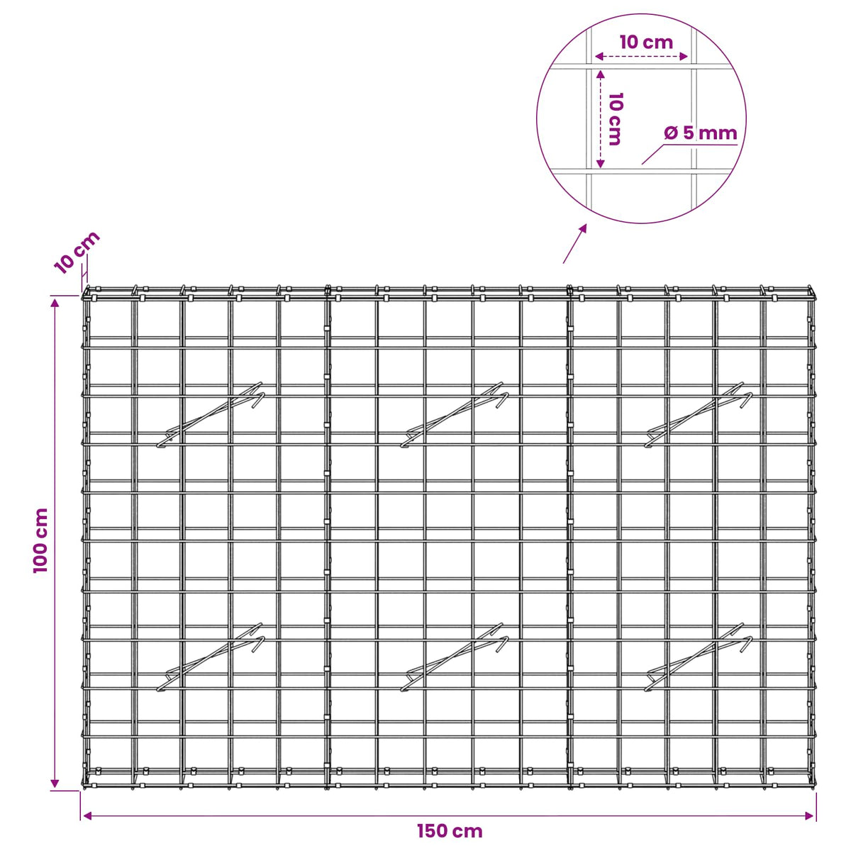 vidaXL Gabion z drutem 5 mm i siatką 10x10 cm 150x10x100 cm