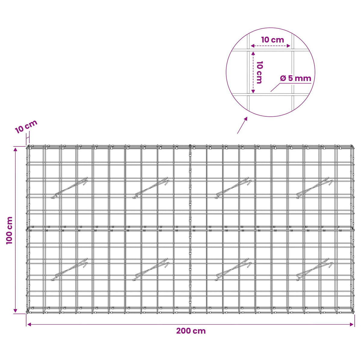 vidaXL Gabion z drutem 5 mm i siatką 10x10 cm 200x10x100 cm