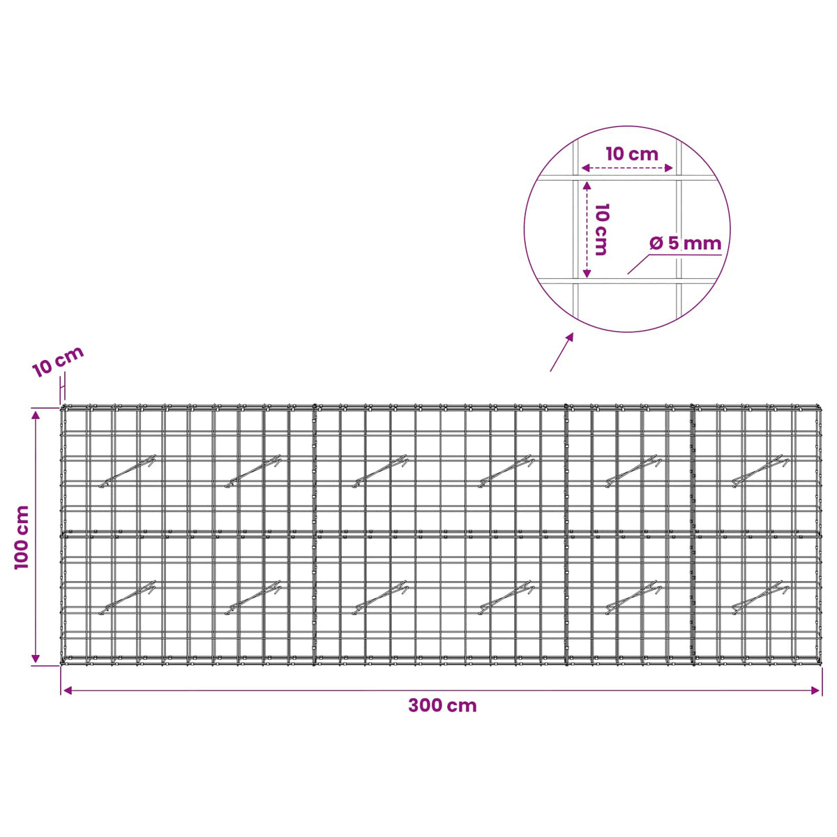 vidaXL Gabion z drutem 5 mm i siatką 10x10 cm 300x10x100 cm